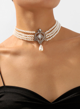 法式复古珍珠项链 轻奢复古多层宫廷风颈链个性夸张项饰女配饰品