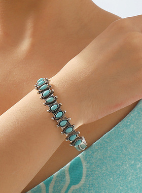 波西米亚民族风创意开口高端手镯 复古合金银色绿松石几何手环女