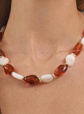 跨境新款彩色树脂拼色串珠项链清