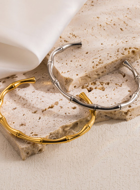 法式复古镀18K竹节开口奢华高端手镯 小众INS风百搭简约手环女