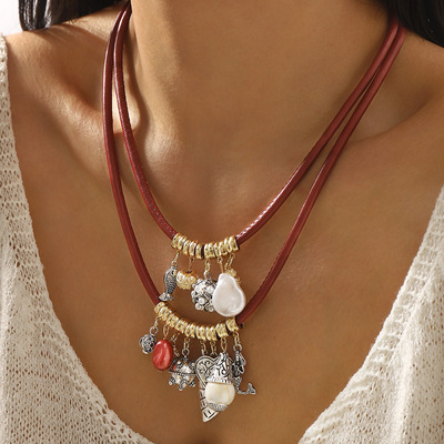 波西米亚度假风多层酒红皮绳吊坠