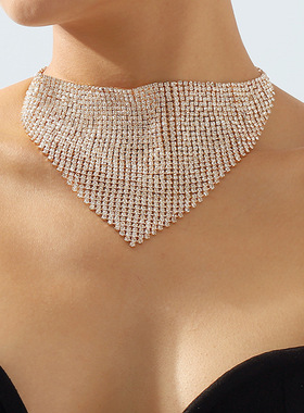 跨境创意复古多排闪钻项链欧美夸