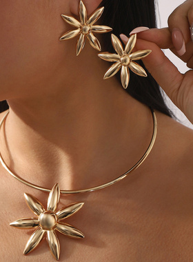 欧美复古夸张花卉合金耳环项圈轻