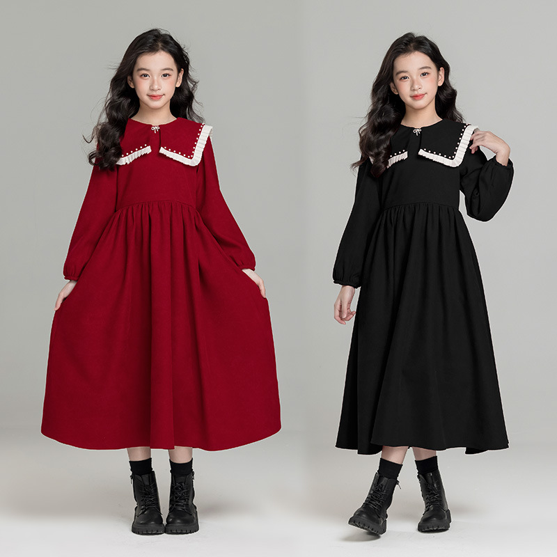 女童红色洋气公主裙秋冬新款中大童女孩娃娃领学院风长袖连衣裙子