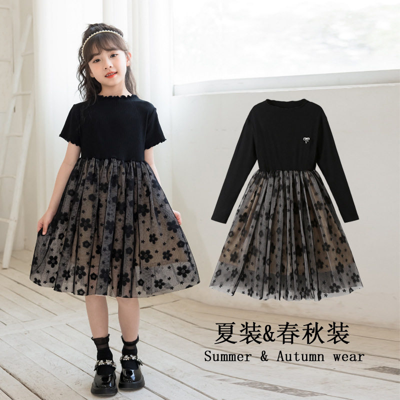 女童连衣裙2026夏装短袖网纱裙蓬蓬裙韩版大童公主裙黑色儿童裙子