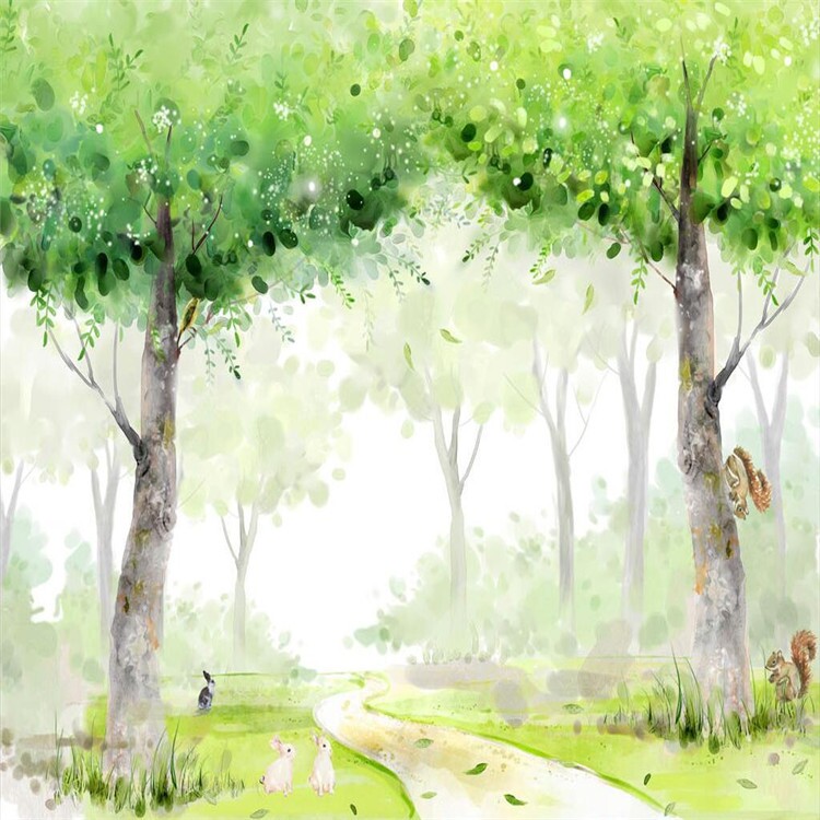 宜居2023新款梦幻水彩卡通墙布背景墙纸手绘抽象绿色壁i画树林壁