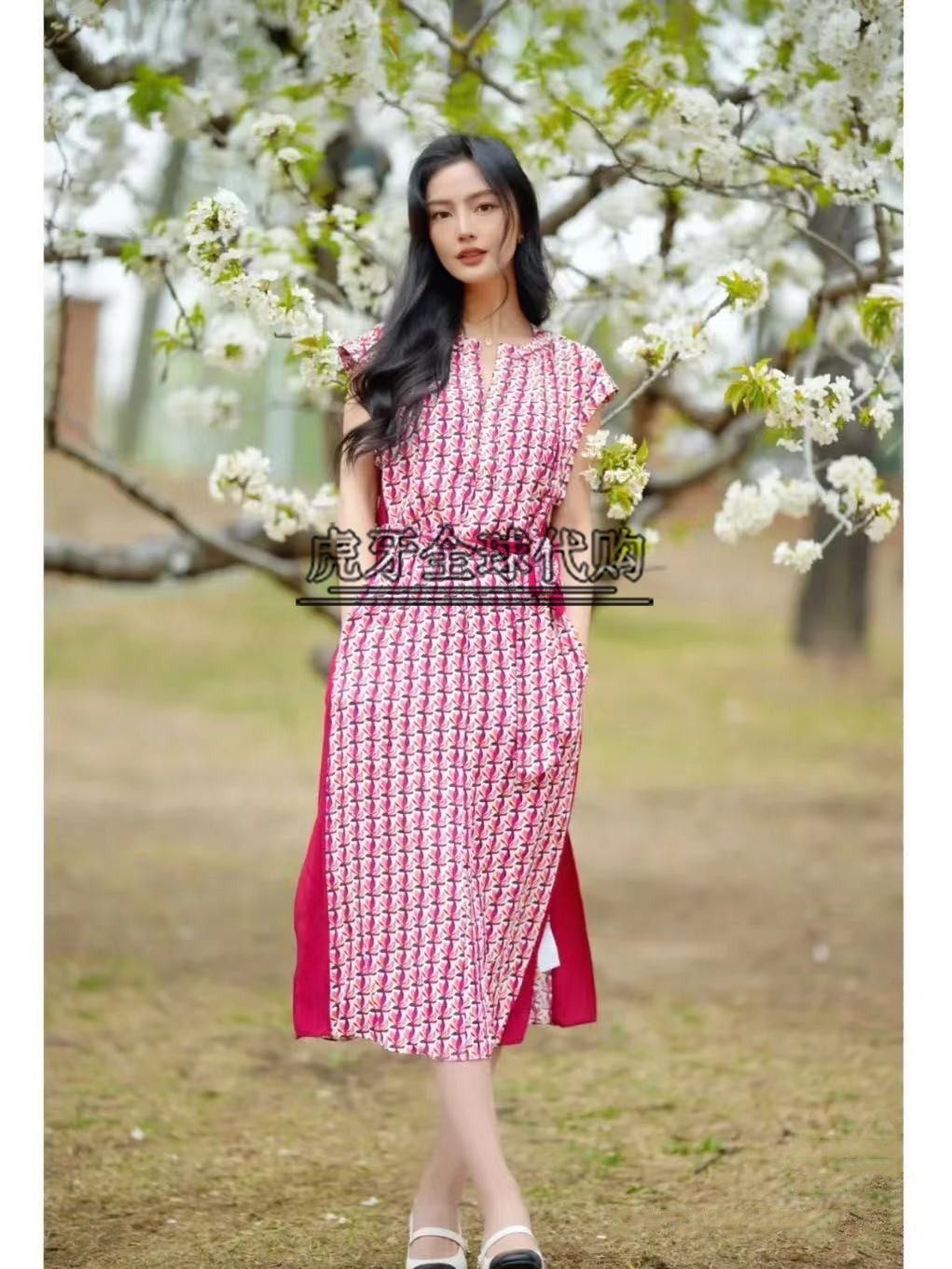 代购dvf2023春夏新款粉红鸢尾花印花绉纱甜美连衣裙renese