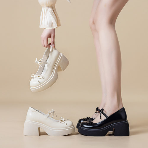2025新款厚底甜美蝴蝶结玛丽珍鞋
