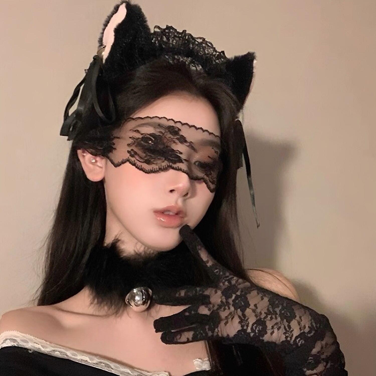黑色蕾丝遮光禁欲系猫女面具