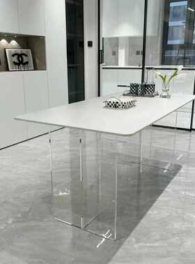 网红透明亚克力悬浮岩板餐桌透明腿办公家用奶油风餐厅桌白色桌子