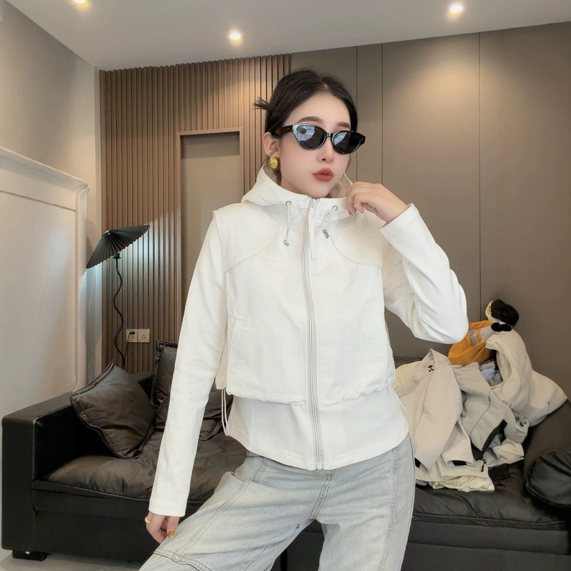 时尚连帽假两件短外套女春秋