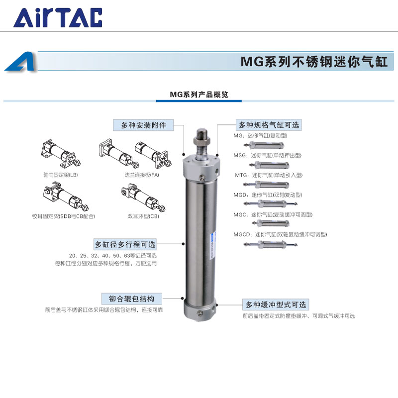 MGC亚德客不锈钢迷你气缸MG20/25/32/40/50/63X25X50X75X100X125S