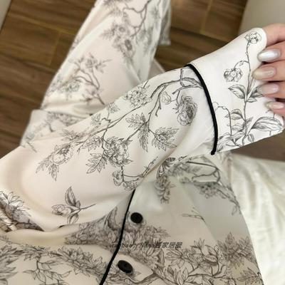 冰丝睡衣女春秋款长袖长裤国风水墨画高级感丝绸凉感家居服套装夏