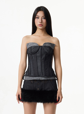 Linyi Li秋冬25新款辣妹黑色网纱鱼骨胸衣拼接抓毛牛仔上衣束腰女