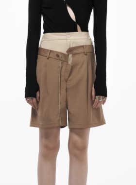 Linyi Li秋冬卡其色双腰高腰休闲宽松a字短裤西裤女5分裤配靴子