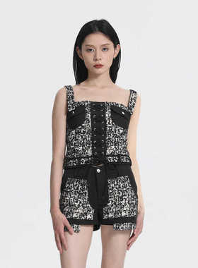 Linyi Li明星同款秋冬黑白色羊毛毛呢加厚保暖辣妹吊带背心上衣女