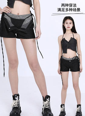 Linyi Li 辣妹短裤女2025新款冬配靴子外穿黑色牛仔裤热裤冬女