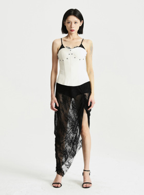 【8折】Linyi Li性感御姐感吊带连衣裙冬蕾丝修身长款女士