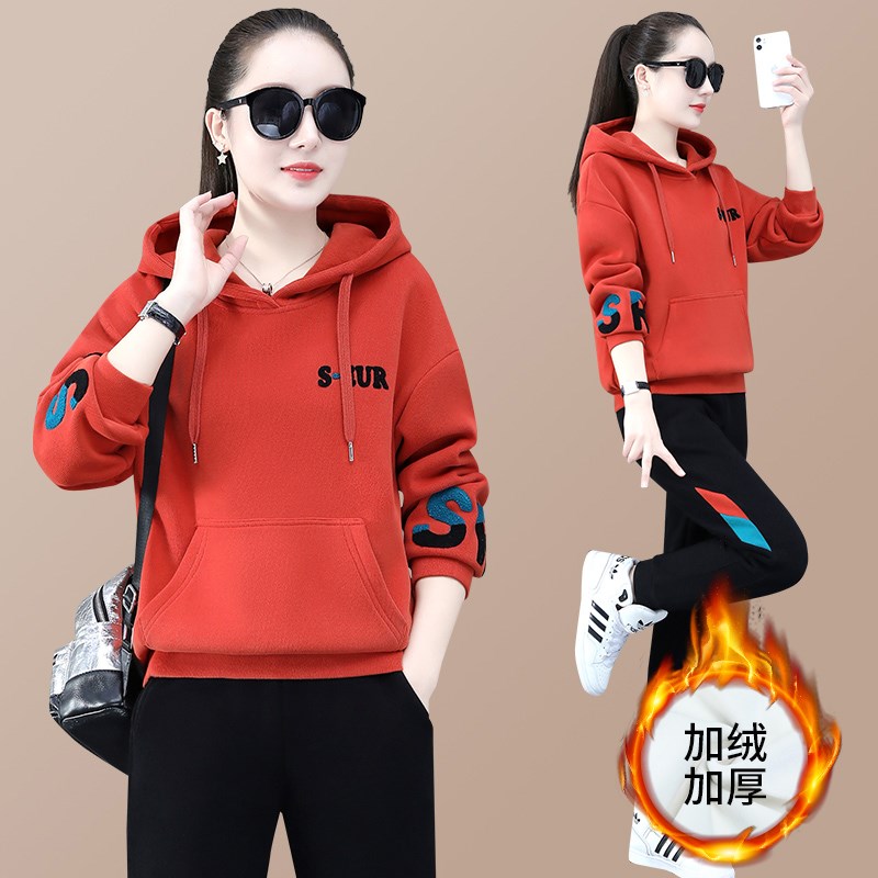 加厚运动服女士冬季套装2021新款韩版加绒卫衣休闲装秋冬两件套潮