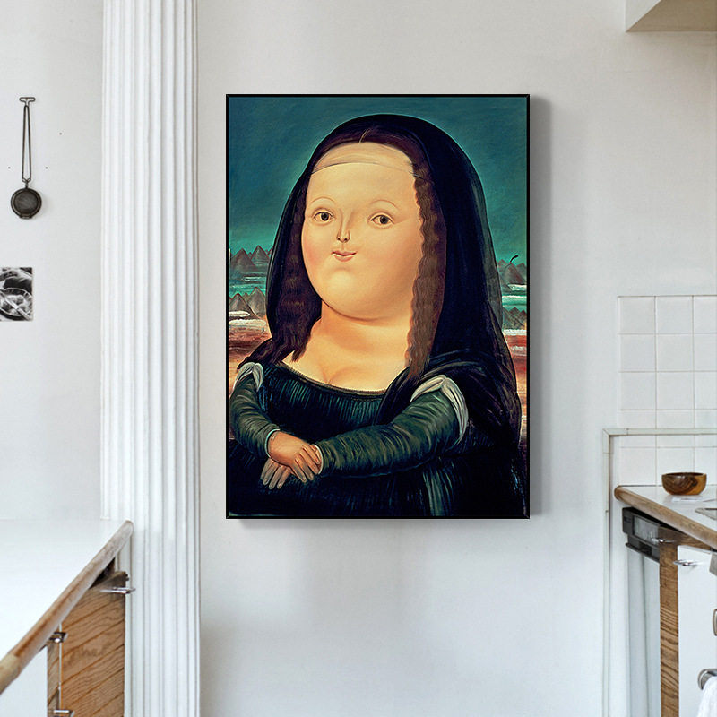 q版胖版蒙娜丽莎装饰画小众人物可爱搞笑卧室客厅画简约玄关挂画