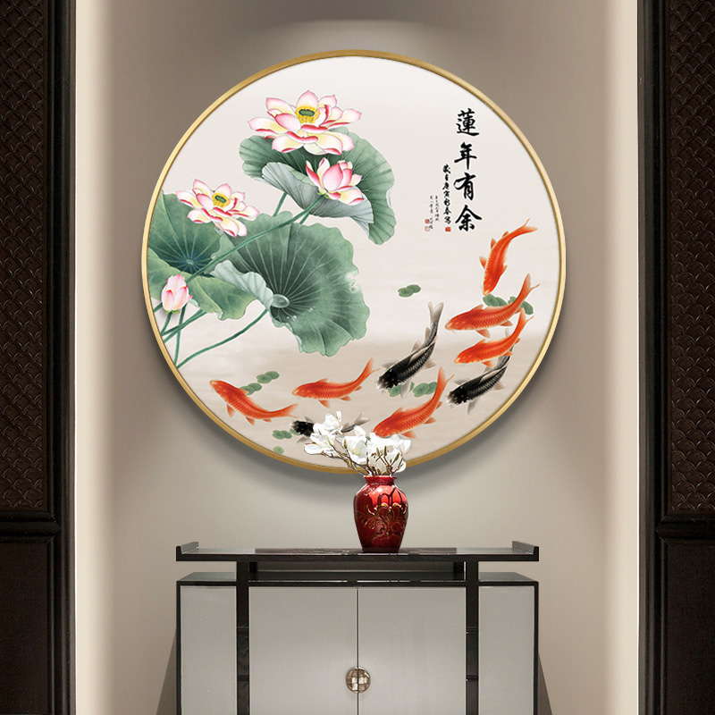 九鱼图挂画进门玄关圆形装饰画餐厅客厅入户风水聚财壁画年年有余图片