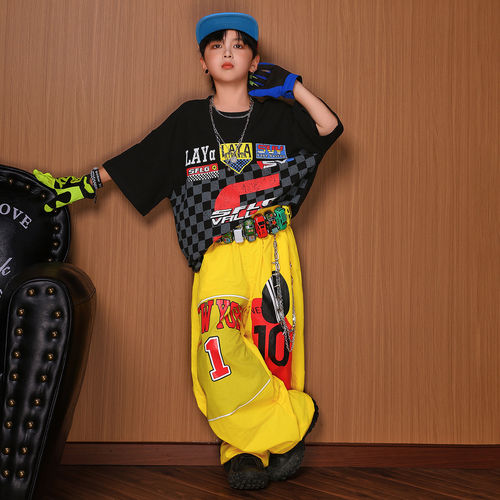儿童街舞潮服酷帅少儿hiphop表演服男童美式嘻哈赛车风短袖演出服