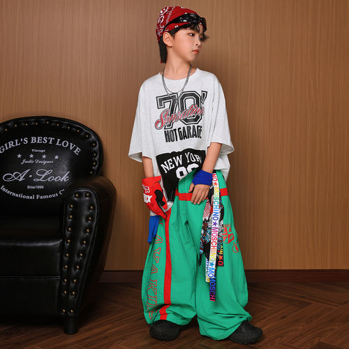 儿童街舞演出服男童美式嘻哈风短袖套装少儿hiphop街舞表演潮服夏