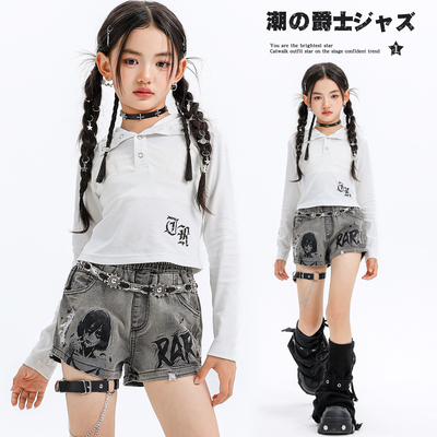 女童爵士舞连帽卫衣灰色短裤套装