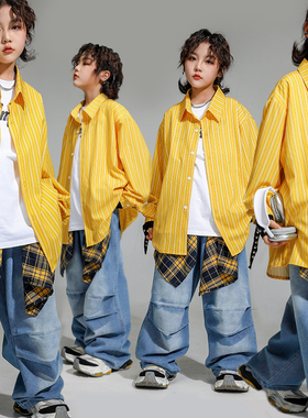 嘻哈童装潮牌衬衫街舞儿童潮服hiphop女孩牛仔裤套装街舞服装男童