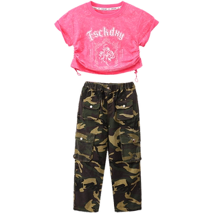 爵士舞服装女童韩版上衣迷彩工装裤少儿童jazz潮流舞蹈表演出服装