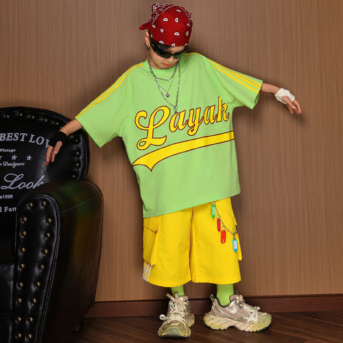 儿童街舞潮服男童美式嘻哈风短袖演出服套装少儿hiphop街舞练功服