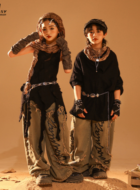 街舞儿童潮服hiphop男女童嘻哈酷帅废土风套装夏季潮牌表演出服装