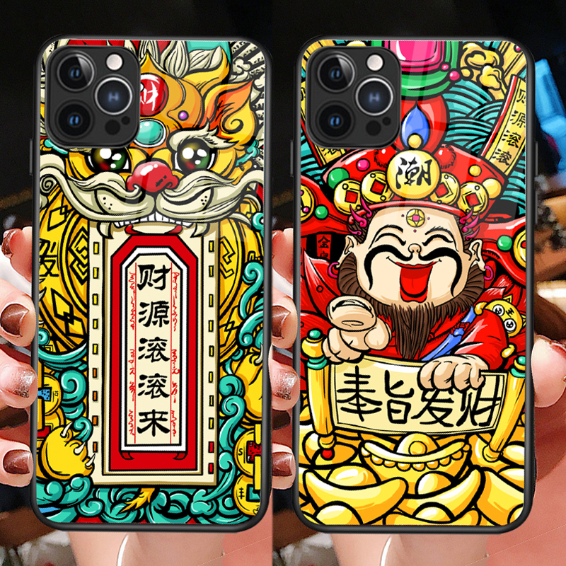 财神爷手机壳适用OPPO reno15/14/13/12/11/10/9/8/7/6/5pro钢化玻璃壳k12/11/10/9x财源滚滚奉旨发财保护套