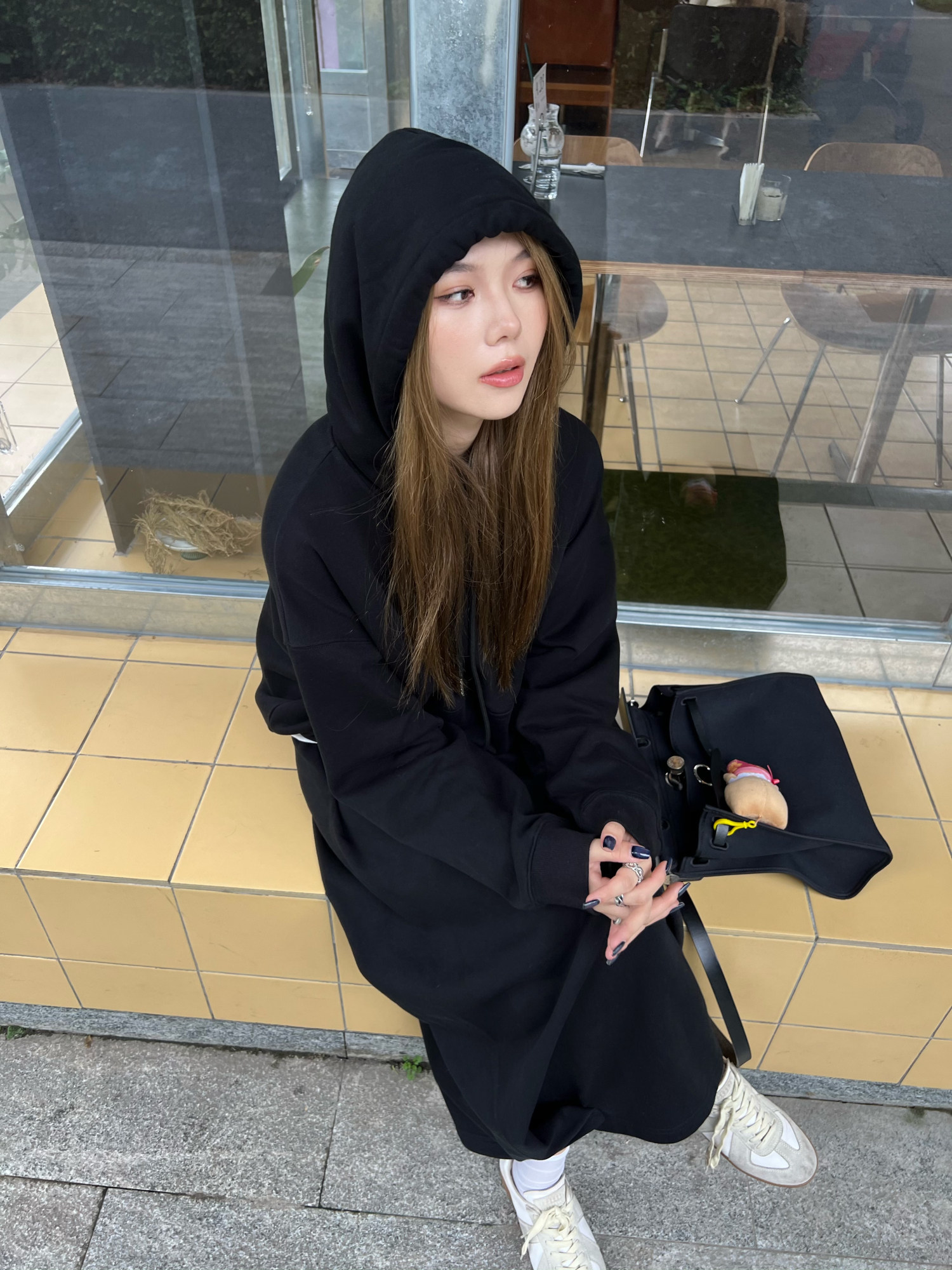 FUFUFEEL 黑色卫衣套装美式休闲宽松半身裙两件套