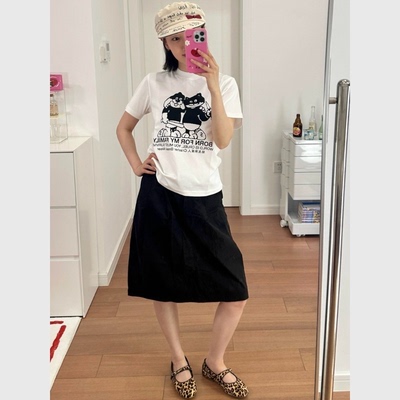 美式复古黑白卡通印花白色T恤