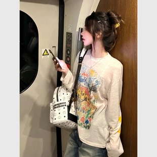 彩绘印花白色上衣女2025新款 圆领T恤 爆款 宽松慵懒显瘦韩系ins长袖