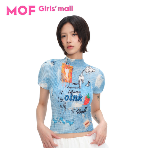 MOF少女百货 岳明辉明星同款褶皱衫手绘线描拼贴褶皱上衣夏凉感t