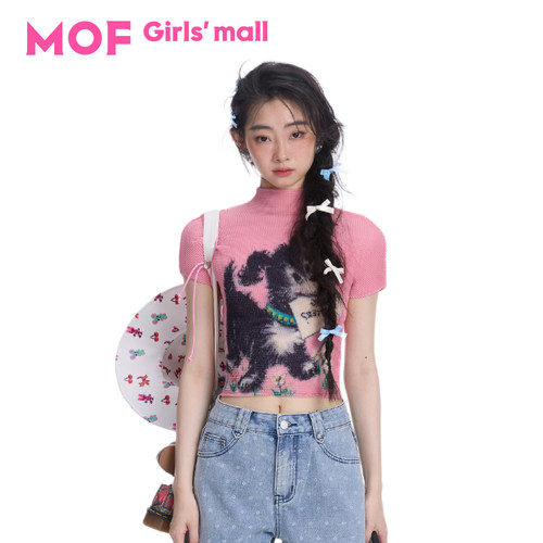 MOF少女百货粉色小黑狗褶皱短袖