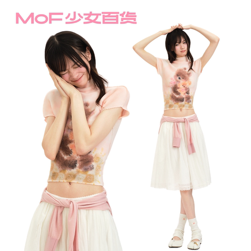 MOF少女百货 Tasha小熊系列褶皱衫夏季橘粉色抱抱小熊短袖T上衣女