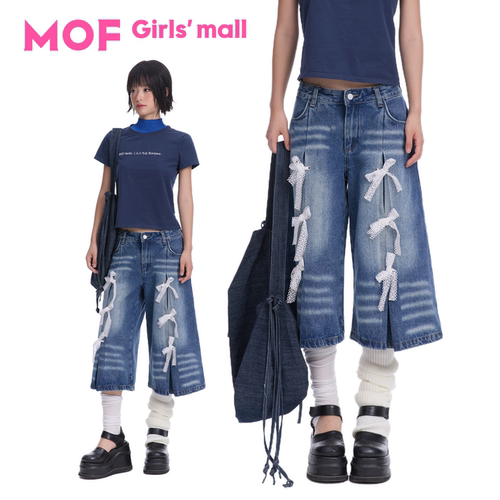 MOF少女百货 蕾丝蝴蝶结牛仔中裤休闲蝴蝶结系带宽松牛仔裤