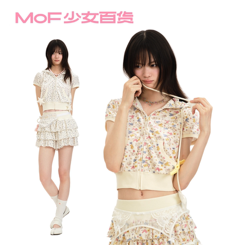 MOF少女百货 碎花短袖套装丝绒印花短袖上衣蛋糕裤裙春夏韩系套装