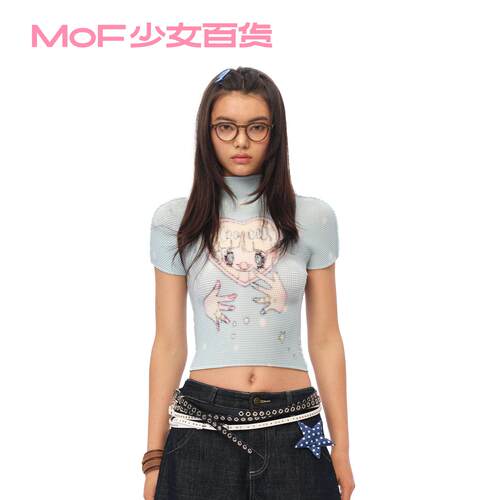 MOF少女百货 褶皱衫新款童趣涂鸦短袖T恤修身显瘦褶皱上衣正肩t恤