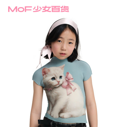 MOF少女百货 褶皱衫儿童款蓝灰色小白猫童趣涂鸦T恤宋雨琦同款