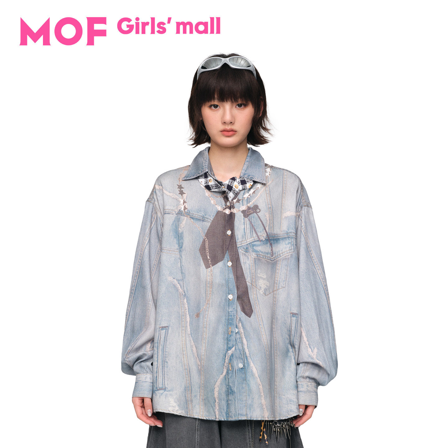 MOF少女百货 周深同款氧气感衬衫秋季仿牛仔领带印花衬衫式外套