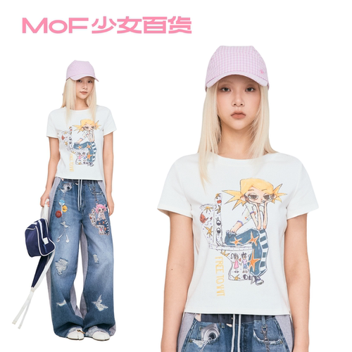 MOF少女百货 白色正肩t恤马桶女孩印花百搭圆领T恤女显瘦y2k短袖