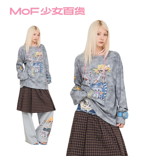 MOF少女百货 涂鸦宽松长袖马桶女孩印花T恤长袖上衣女秋蓬松罩衫