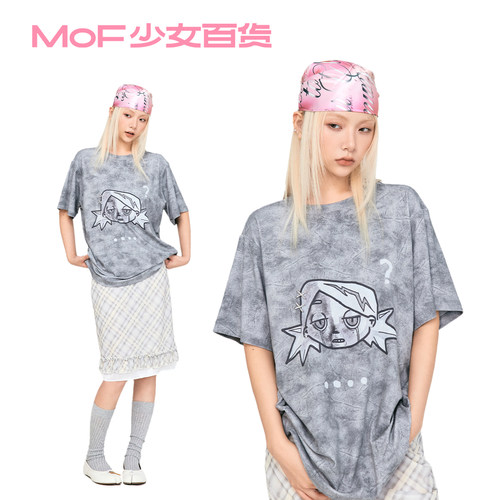MOF少女百货 灰色做旧t恤石化女孩印花短袖早秋宽松百搭y2k短袖