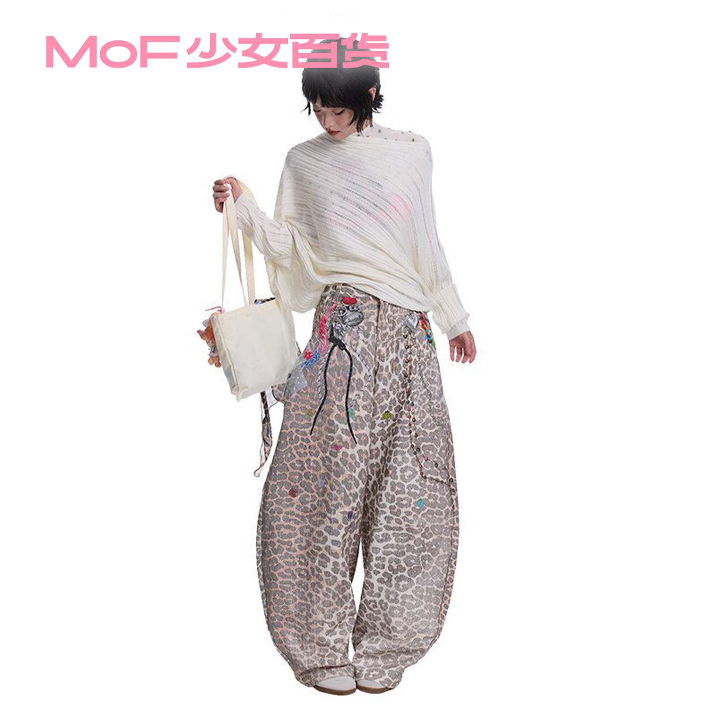 MOF少女百货 复古水洗豹纹kitty印花弯刀裤休闲牛仔裤做旧弯刀裤图片