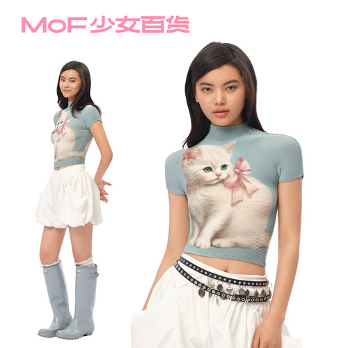 MOF少女百货 宋雨琦同款蓝灰白猫印花褶皱衫夏显瘦正肩短袖T恤女