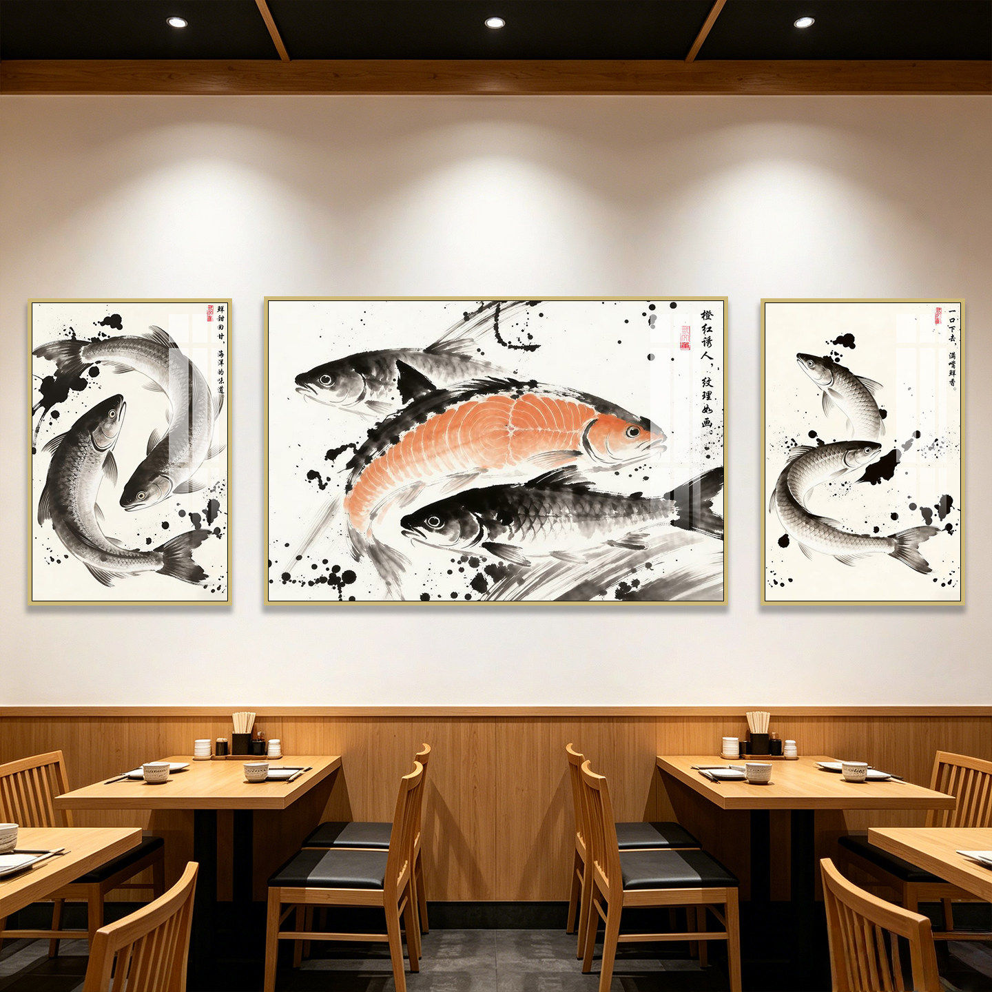 水墨风三文鱼壁画日式寿司刺身料理店装饰画日本榻榻米餐厅挂画